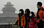 Des touristes chinois portent un masque alors qu'ils marchent près de la Cité intredite à Pékin le 26 février 2014