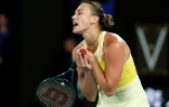 La Bélarusse Aryna Sabalenka en finale de l'Open d'Australie face à Madison Keys à Melbourne, le 25 janvier 2025
