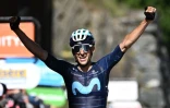 La joie de l'Espagnol Carlos Verona, vainqueur de la 7e et avant-dernière étape du Critérium du Dauphiné, disputée entre Saint-Chaffrey et Vaujany, le 11 juin 2022