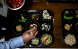Un participant prépare des plats lors d'un cours intensif de cuisine  bouddhiste végétarienne "shojin", le 15 avril 2023 à Kamakura, au Japon