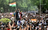 Des militants et sympathisants du "Parti du peuple des cafards" (CJP) manifestent pour réclamer la démission du ministre de l'Éducation, Dharmendra Pradhan, en raison de fraudes présumées lors d'examens universitaires, le 20 juillet 2026 à New Delhi, en Inde