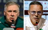 Montage des portraits du sélectionneur italien du Brésil Carlo Ancelotti (g) en conférence de presse à Teresopolis (Brésil) le 30 mai 2026 et du sélectionneur du Maroc Mohamed Ouahbi devant la presse à Sale (Angleterre) le 26 mai 2026