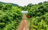 Vue aérienne d'une route menant à une station de réintroduction de tigres dans le parc national des Cardamomes, dans la province de Koh Kong, le 11 juin 2026 au Cambodge