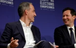 Raphaël Glucksmann, à gauche, tête de liste PS et Place Publique aux européennes et François-Xavier Bellamy, tête de liste LR aux européenne, à droite, lors d'un débat devant le Medef, à Paris, le 18 avril 2024