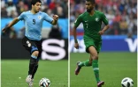 Combophoto représentant l'attaquant uruguayen Luis Suarez et le milieu saoudien saoudien Salman Al-Faraj