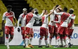 Les joueurs monégasques se congratulent après avoir ouvert le score face à Nantes, lors de leur match de L1, le 31 janvier 2021 au stade de La Beaujoire