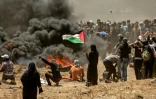 Une Palestinienne tient un drapeau durant les affrontements entre manifestants palestiniens et soldats israéliens à la frontière entre la bande de Gaza et Israël, le 14 mai 2018