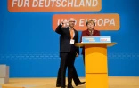 La chancelière Angela Merkel et le secrétaire général de l'Union chrétienne-démocrate (CDU), Peter Tauber, le 13 décembre 2015, à la veille de l'ouverture du congrès de leur parti, à Karlsruhe, au sud-ouest de l'Allemagne 