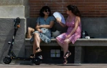 Deux femmes s'abritent du soleil, le 28 juillet 2024 Ă Toulouse