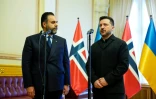 Le président ukrainien Volodymyr Zelensky (d) et Masud Gharahkhani, président du Parlement norvégien, le 21 octobre 2026 à Oslo