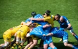 Une mêlée entre Leinster et La Rochelle en demi-finale de Coupe d'Europe de rugby, remportée 32-23 par le club français au Stade Marcel Deflandre de La Rochelle, le 2 mai 2021.