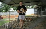 Itamar Bitan, cofondateur de Dognosis, tient un chien dans ses bras dans un chenil de son établissement, le 28 juillet 2026 à Kempohalli, en périphérie de Bangalore, en Inde