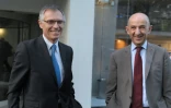 Carlos Tavares (g), président du directoire de PSA, et Louis Gallois (d), président du conseil de surveillance de PSA, le 30 septembre 2014 à Paris