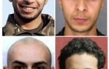 Montage de quatre hommes impliqués dans les attaques du 13 novembre 2015 à Paris: Abdelhamid Abaaoud, commanditaire présumé, Salah Abdeslam, qui serait le huitième homme des attentats, Bilal Hadfi et Samy Amimour, assaillants morts(Haut en bas dans le sens des aiguilles d'une montre)