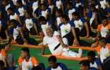 Le Premier ministre indien Narendra Modi (c), participe à une séance collective de yoga, le 21 juin 2018 à Dehradun, dans le nord de l'Inde