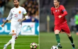 Photomontage du 13 juin 2018 montrant deux coéquipiers du Real Madrid, l'Espagnol Sergio Ramos (g) et le Portugais Cristiano Ronaldo, opposés lors de leur entrée en lice dans le Mondial-2018