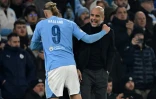 L'entraîneur de Manchester City Pep Guardiola et l'attaquant Erling Haaland, face à Copenhague en Ligue des champions, le 6 mars 2024 à Manchester