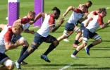 Les rugbymen anglais lors d'un entraînement à Tokyo le 9 octobre 2019