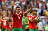 La tristesse du Marocain Nabil Dirar après l'élimination de son équipe au Mondial, battue par le Portugal le 20 juin 2018 à Moscou
