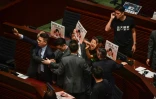 Des députés pro-démocratie huent la cheffe de l'exécutif Carrie Lam et brandissent des affiches, au Parlement de Hong Kong le 16 octobre 2019