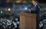 Barack Obama, candidat démocrate à la Maison Blanche, s'adresse à ses supporters à Grant Park au soir de son élection, le 5 novembre 2008, à Chicago
