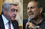 A gauche, l'ex-président et nouveau Premier ministre Serge Sarkissian, le 4 mars 2016, et à droite le leader de la contestation Nikol Pashinian, le 22 juillet 2016