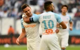 Les Marseillais Florian Thauvin (g) et Dimitri Payet vainqueurs de Caen en Ligue 1, le 7 octobre 2018 à Marseille  