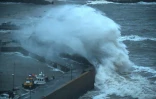 Des vagues s'écrasent sur le port de Stonehaven, sur la côte est de l'Écosse, lors du passage de la tempête Babet, le 19 octobre 2023