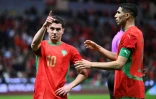 L'attaquant du Maroc Brahim Diaz (à gauche) et son  capitaine Achraf Hakimi contre la Tanzanie en 8es de finale de la Coupe d'Afrique des nations le 4 janvier 2026 à Rabat
