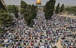 Des fidèles palestiniens prient sur l'esplanade des Mosquées à Jérusalem-Est, le 29 avril 2022 