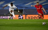 Vinicius Junior ouvre le score pour le Real face à Liverpool en quart de finale de C1 à Valdebebas en banlieue de Madrid, le 6 avril 2021
