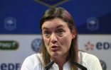 La sélectionneuse de l'équipe de france féminine de football Corinne Diacre en conférence de presse, le 26 août 2019 à Clairefontaine