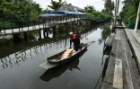 Nopadol, postier, distribue des lettres et colis aux habitants vivant sur les bords d'un canal dans la province de Bang Khun Thian, près de Bangkok en Thaïlande, le 17 juillet 2017