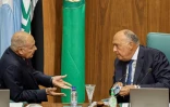 Le secrétaire général de la Ligue arabe Ahmed Aboul Gheit (G) s'entretient avec le ministre égyptien des Affaires étrangères Sameh Shoukry lors d'une réunion de la Ligue Arabe au Caire, le 7 mai 2023 
