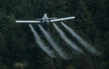 Un avion répand du pesticide au dessus d'un essaim de criquets, à Meru le 9 février 2021