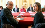 Le secrétaire général de la CFDT (gauche), Laurent Berger, et la secrétaire générale de la CGT (droite), Sophie Binet, lors de la rencontre des principaux syndicats avec la Première ministre Elisabeth Borne, le 5 avril 2023 à Paris 