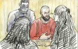 Croquis d'audience du 23 mai 2022 de l'accusé Salah Abdeslam (c) et de l'avocate Claire Josserand Schmidt (d), lors du procès des attentats de 13-Novembre 2015 à la cour d'assise spéciale de Paris 