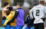 Les joueurs d'Epinal exultent après le but de la qualification marqué en fin de prolongation face à la Saint-Pierroise, en 16e de finale de la Coupe de France, le 18 janvier 2019 à Epinal