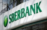 Le logo de la banque russe Sberbank à Ljubljana, le 28 février 2022 en Slovénie