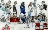 Croquis d'audience montrant Mila (en rouge) et huit des treize prévenus jugés pour cyberharcèlement dans "l'affaire Mila", le 3 juin 2021 au tribunal de Paris