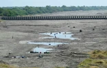 Des habitants traversent le lit du fleuve Godavari asséchée dans le district de Beed, dans l'Etat du Maharashtra, le 4 mai 2025 en Inde