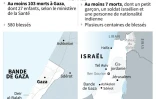 Cartes situant Israël et la bande de Gaza, et escalade de violences dans cette région, situation au 14 mai, à 05H30 GMT