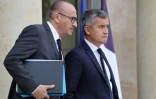 Le ministre de la Justice Gérald Darmanin (d) et le ministre de l'Intérieur Laurent Nuñez à la sortie du Conseil des ministres à l'Elysée, le 10 juin 2026 à Paris