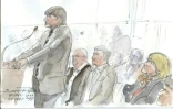 Un croquis d'audience réalisé le 2 mai 2016 représente Michel Neyret (gauche) dans un tribunal de Paris
