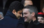 Accolade entre le président du PSG Nasser Al-Khelaïfi et son homologue rennais Olivier Létang le 16 décembre 2017, au Roazhon Park