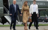 Le président américain Donald Trump, sa femme Melania Trump et leur fis Barron, à leur arrivée à l'aéroport de Morriston, le 16 août 2020 dans le New Jersey