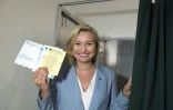 Ebba Busch, leader des Démocrates chrétiens, vote en avance à Stockholm, le 22 août 2018 
