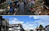 Montage photos du 24 octobre 2023 montrant (en haut) les dégâts provoqués par le typhon Haiyan en octobre 2013 dans une rue de Tacloban, et la même rue (en bas), dix ans après, le 9 octobre 2023 aux Philippines  