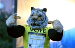 Un supporter d'Abelardo de la Espriella, candidat à la présidentielle en Colombie, déguisé en tigre lors d'un meeting à Bogota, le 20 mai 2026