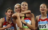 Le relais 4x100 m russe: Evgeniya Polyakova, Yulia Gushchina, Yuliya Chermoshanskaya et Aleksandra Fedoriva aux JO de Pékin, le 22 août 2008